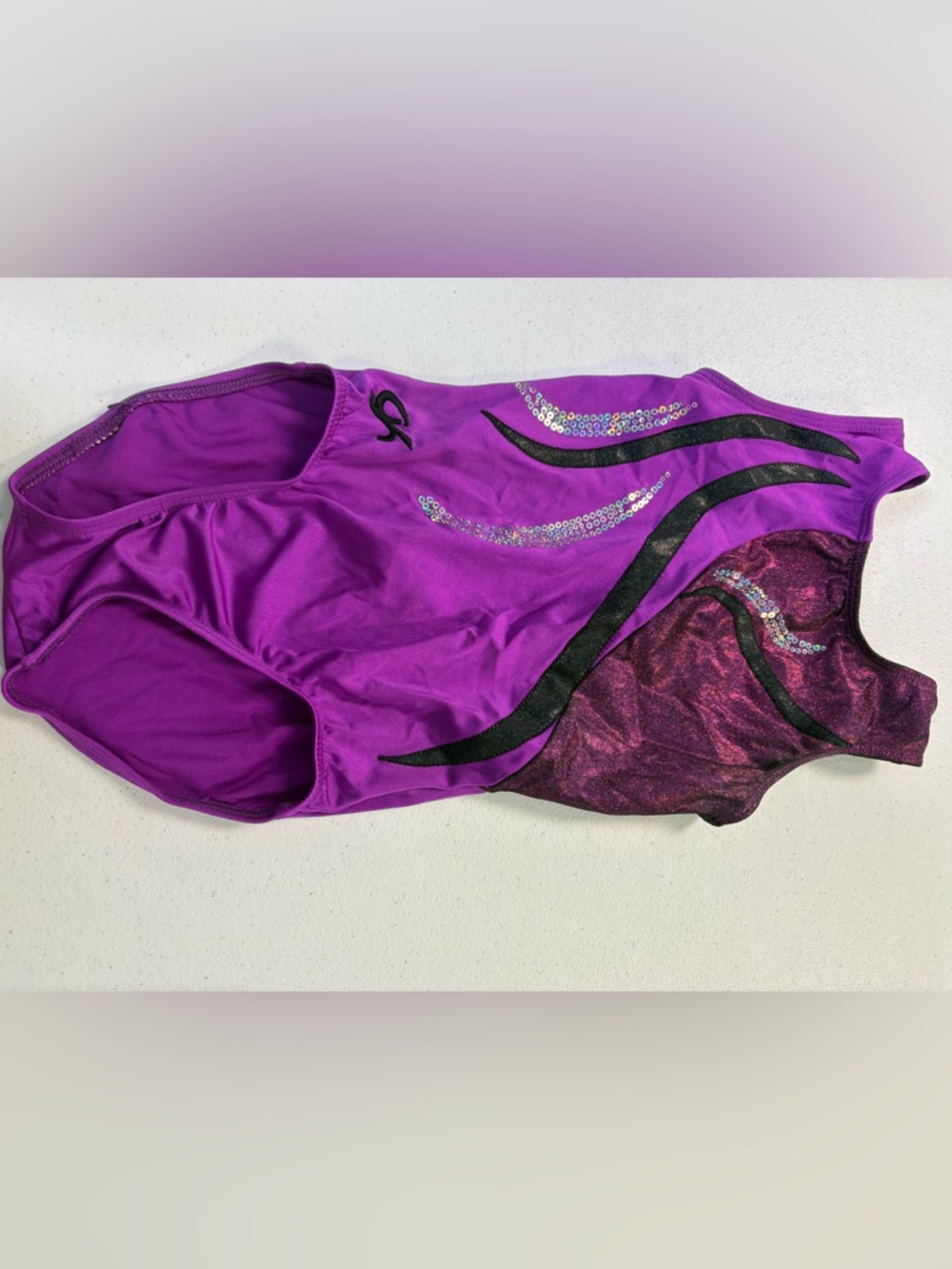 GK Purple & Black Gymnastics Leotard with Iridescent Sequin Accents